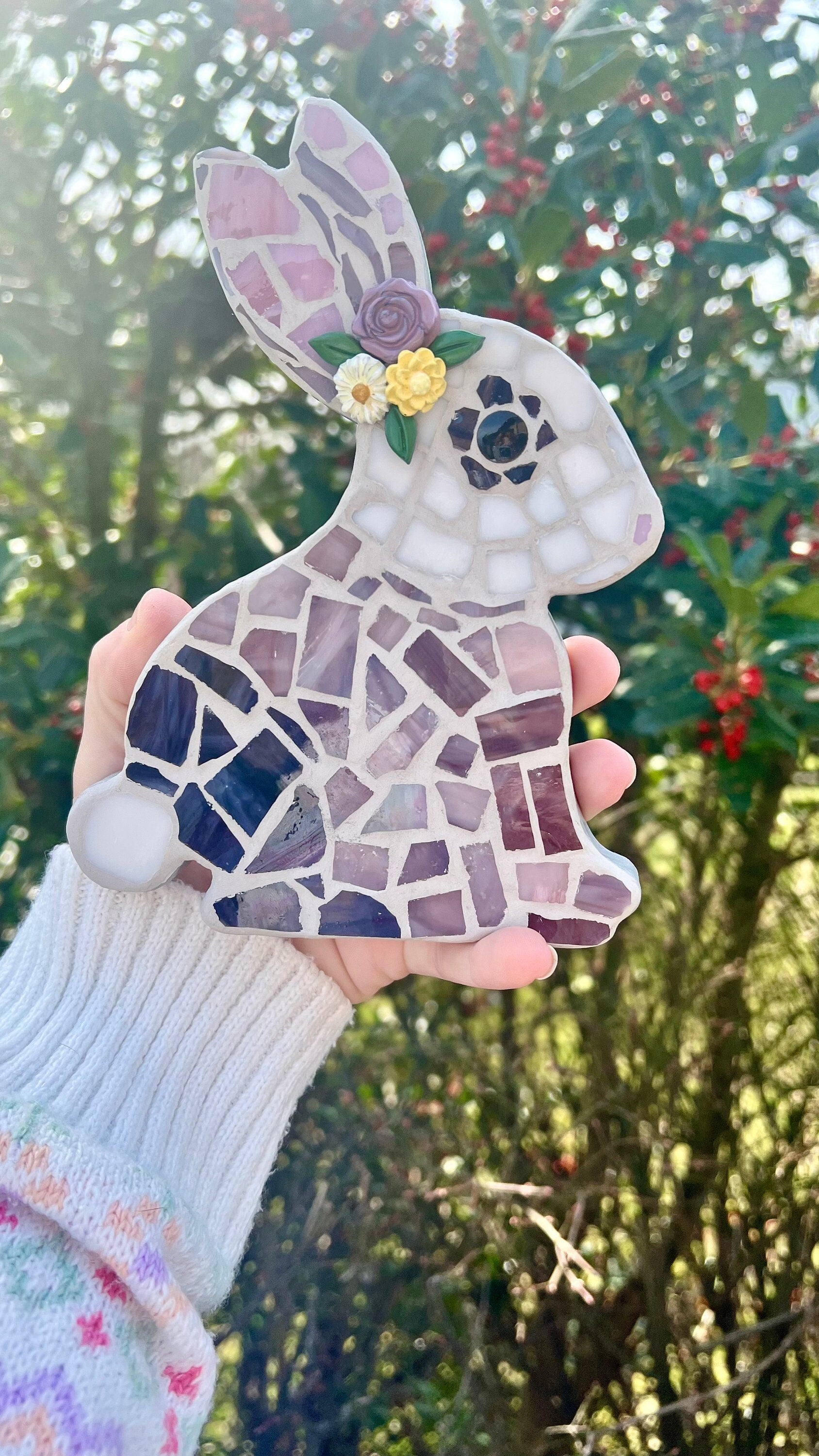 Rabbit mosaic art with a flower crown