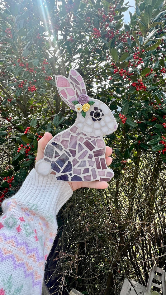 Bunny mosaic art with a flower crown in colors of lavender, white and yellow