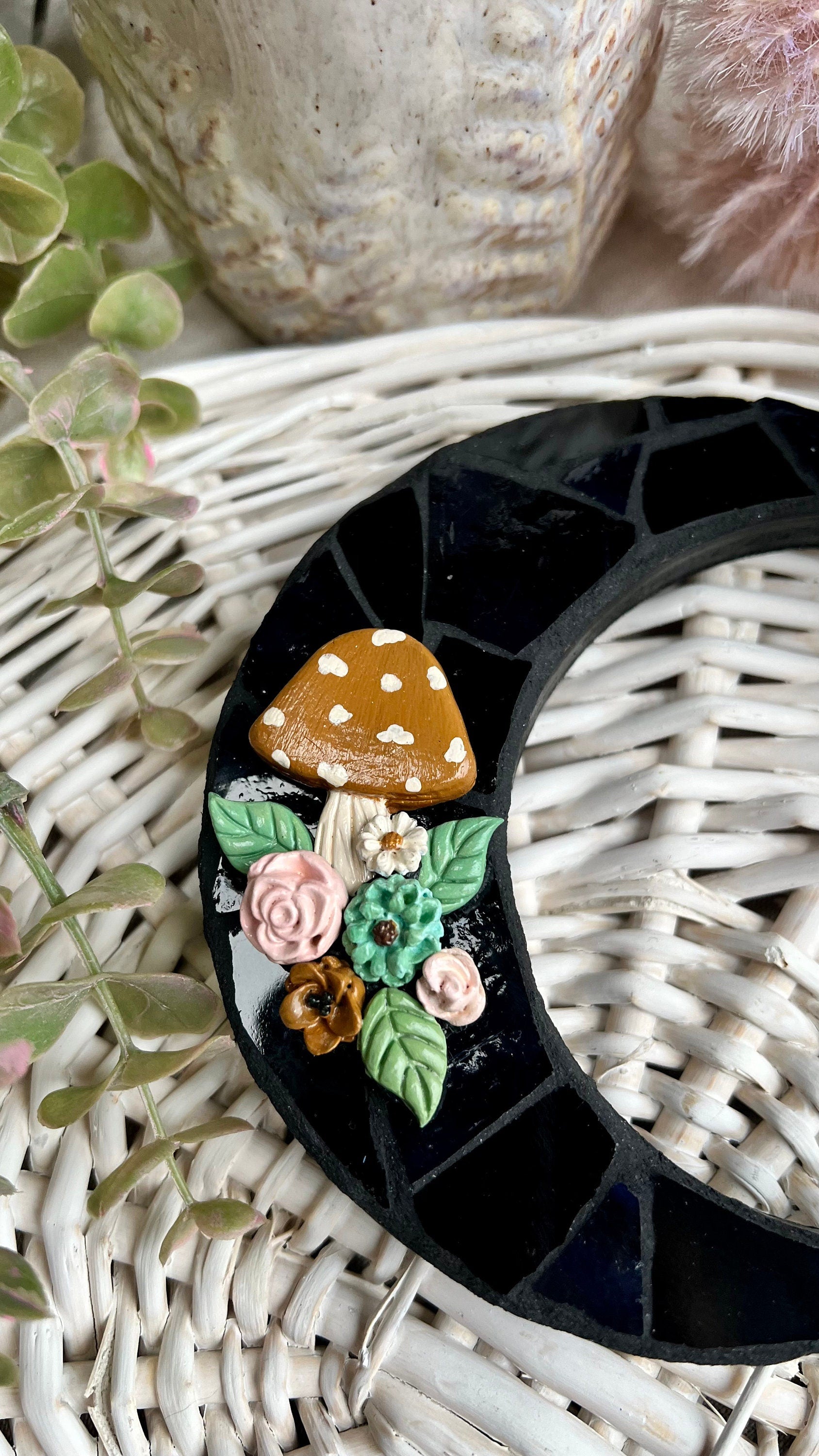 Mosaic moon with black stained glass and hand painted polymer clay flowers and mushroom