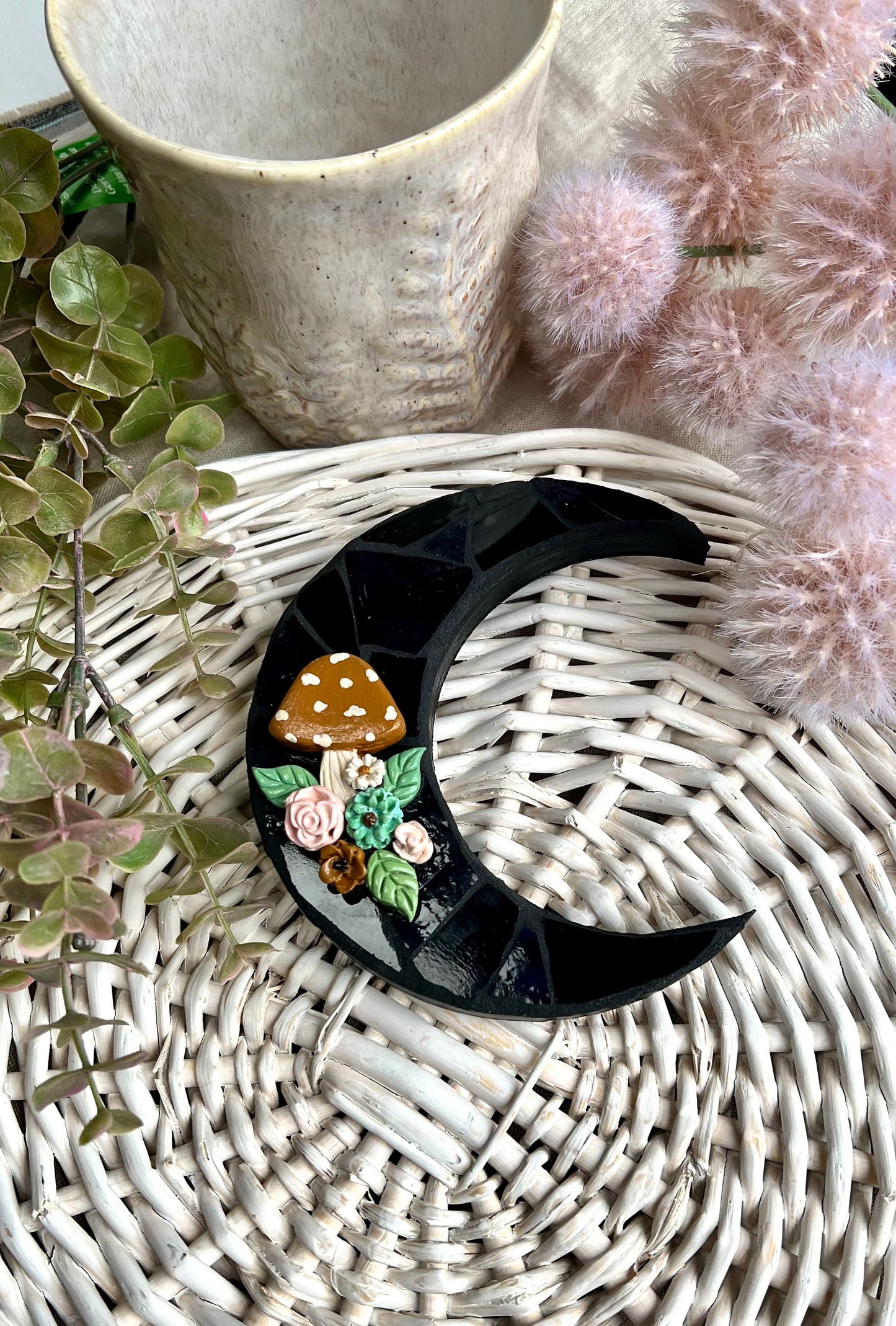 Mosaic moon with black stained glass and hand painted polymer clay flowers and mushroom