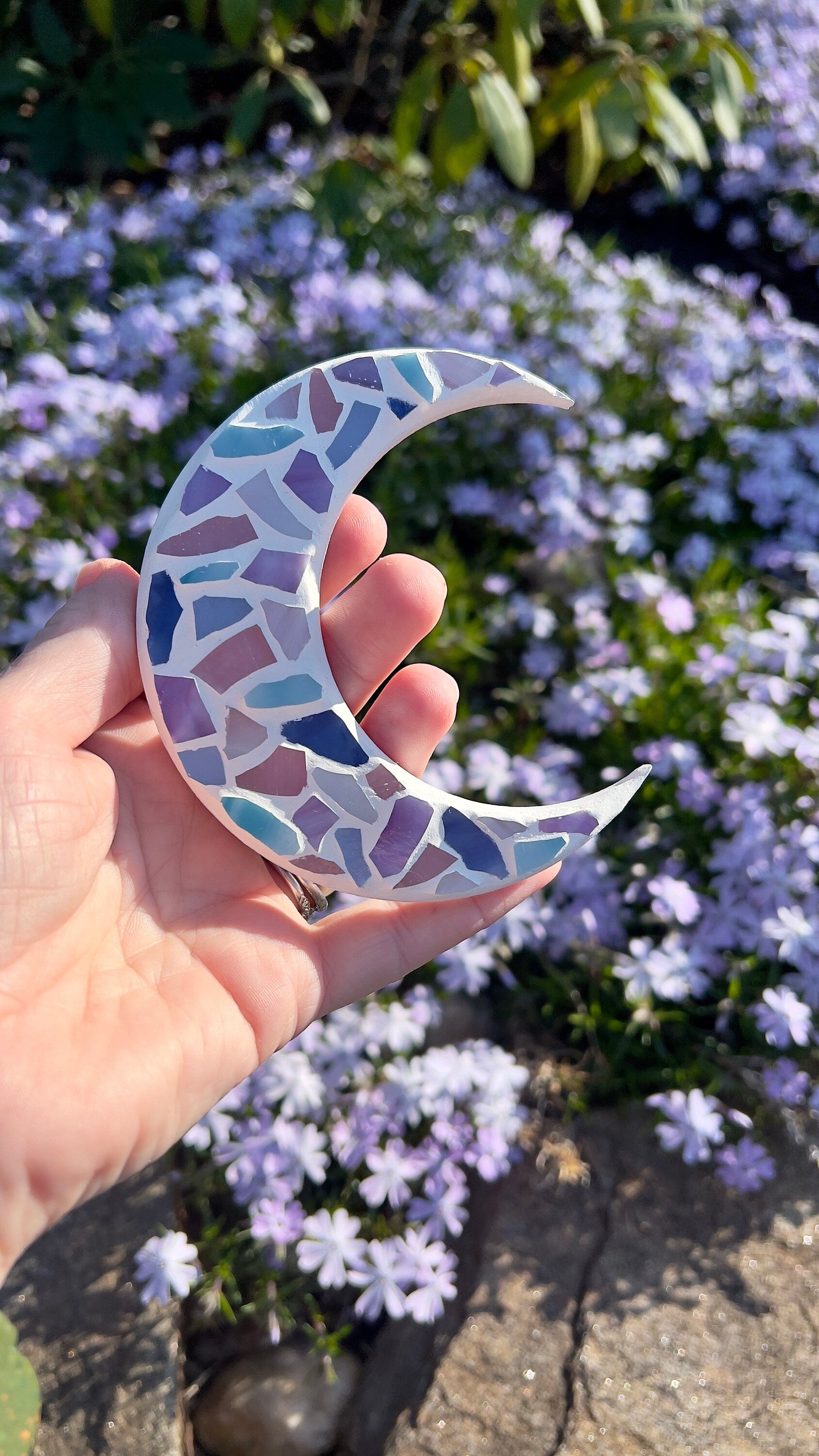 Stained glass mosaic moon magnet in pastel colors with white grout