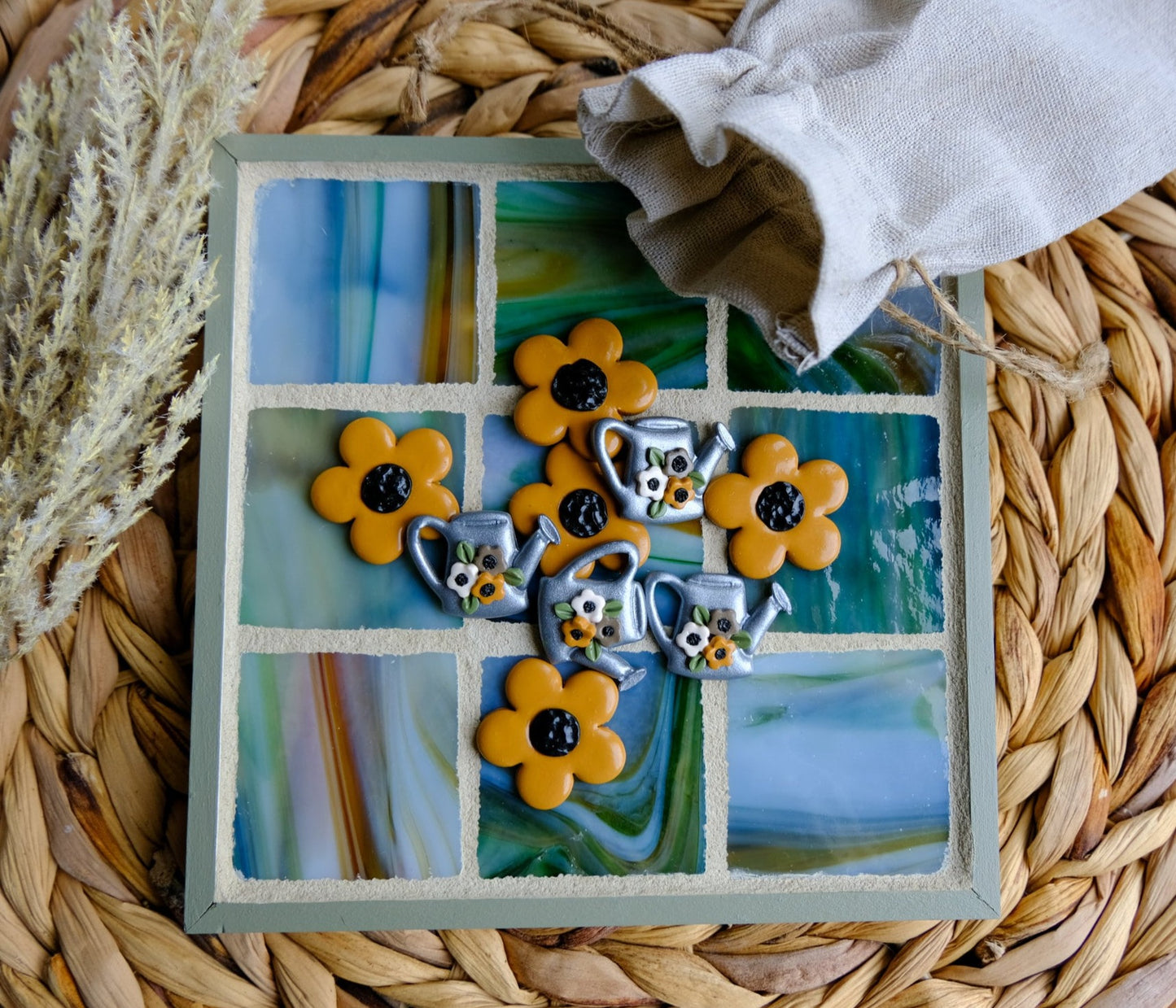 Stained Glass Flower Tic Tac Toe Board Cottage Boho Home Decor Unique Games for Tabletop Fairycore Garden Style Handmade Cottagecore