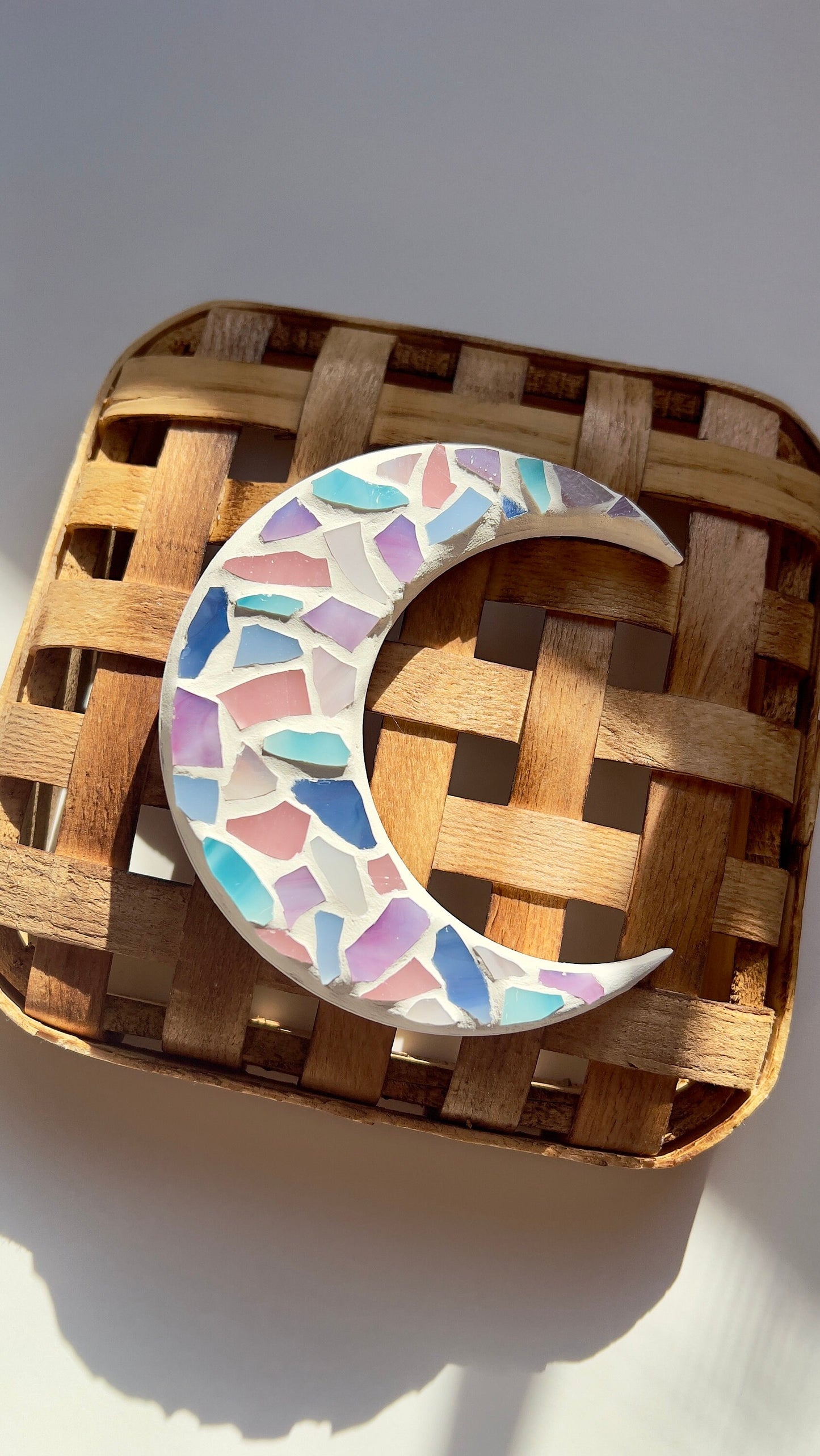 Stained glass mosaic moon magnet in pastel colors with white grout