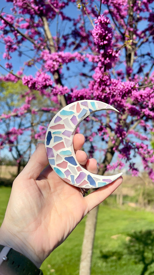 Stained glass mosaic moon magnet in pastel colors with white grout