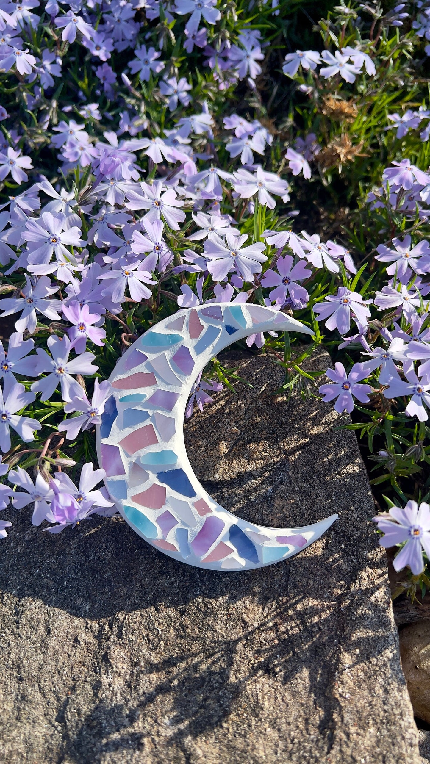 Stained glass mosaic moon magnet in pastel colors with white grout