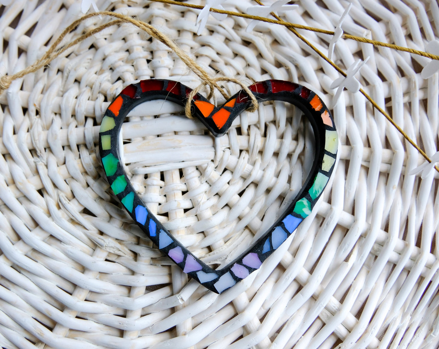 Stained glass rainbow mosaic heart ornament with black grout and jute cord hanger