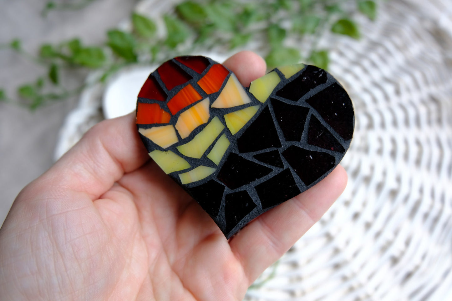 Retro colored striped heart stained glass mosaic magnet with black grout