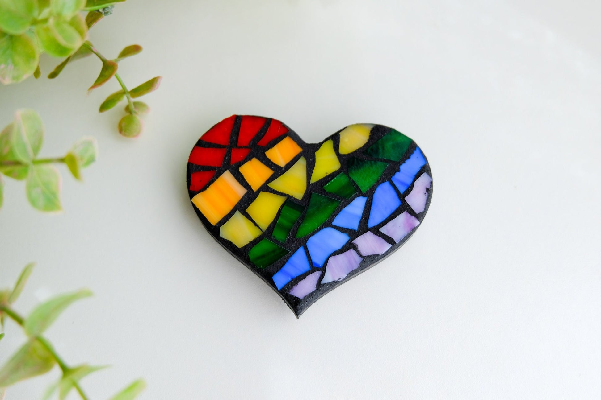 Rainbow stained glass mosaic heart magnet with black grout