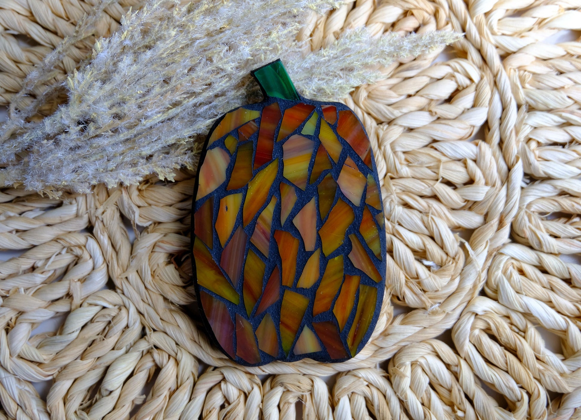 Stained glass mosaic pumpkin magnet with black grout