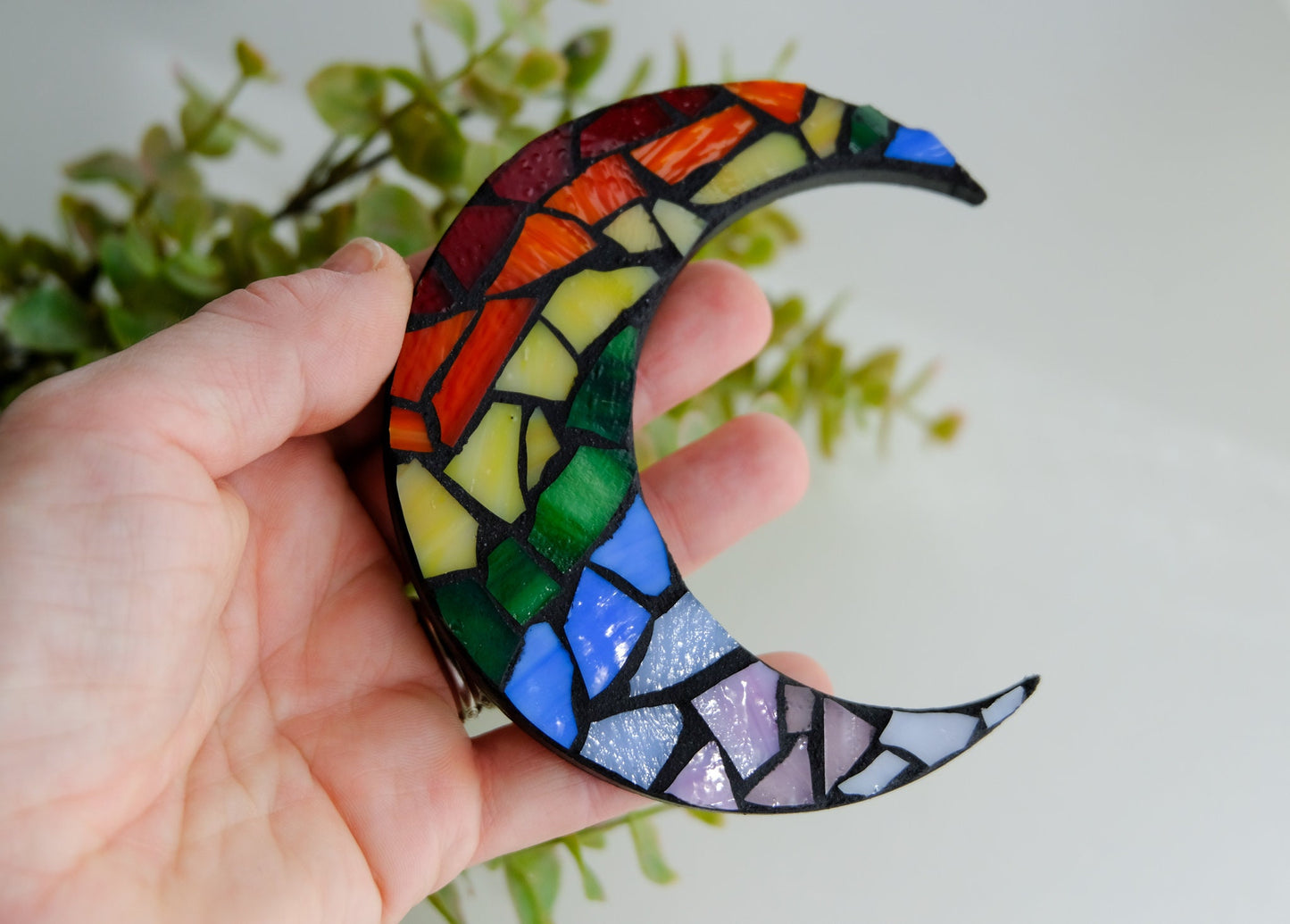 Rainbow stained mosaic glass moon magnet with black grout