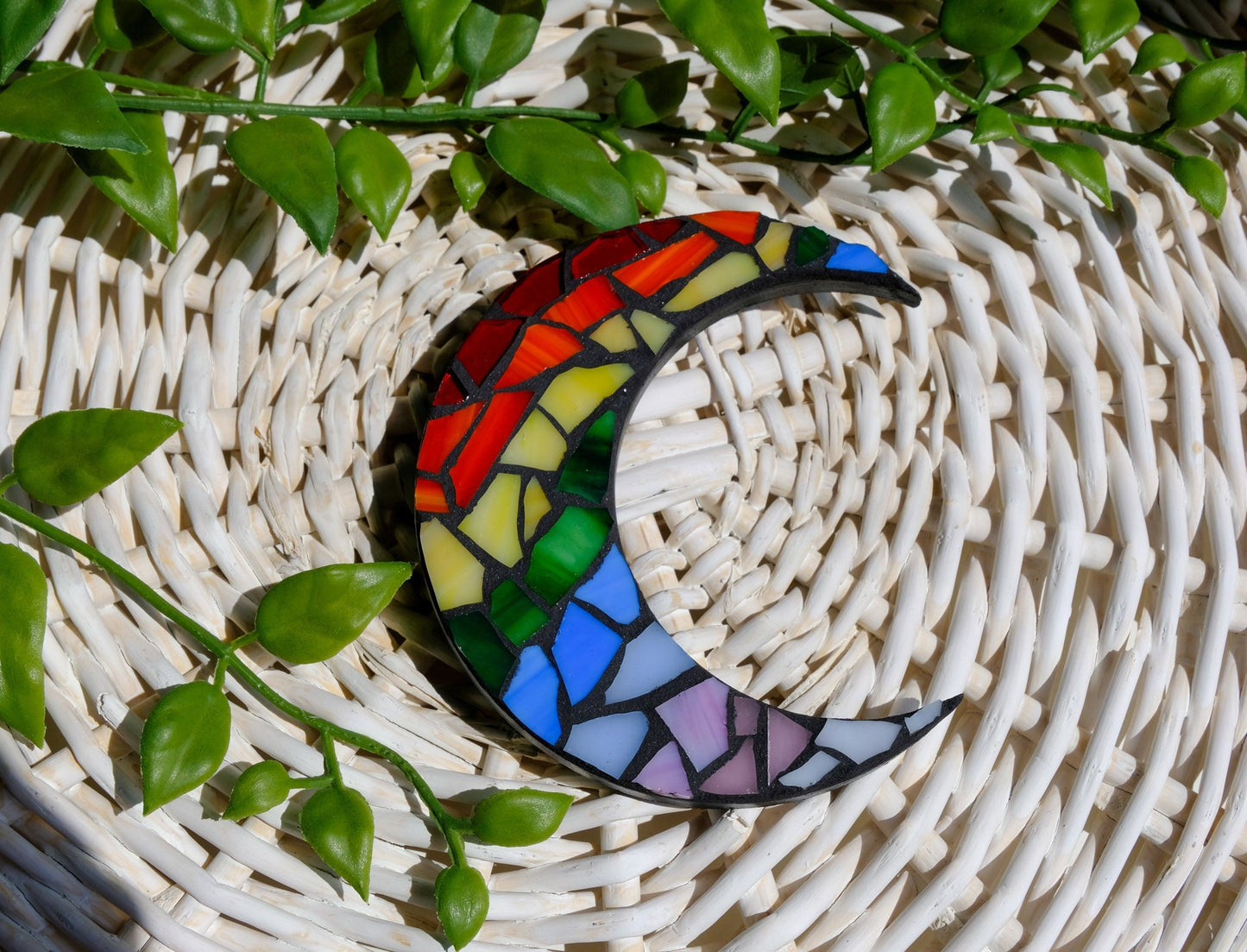 Rainbow stained mosaic glass moon magnet with black grout