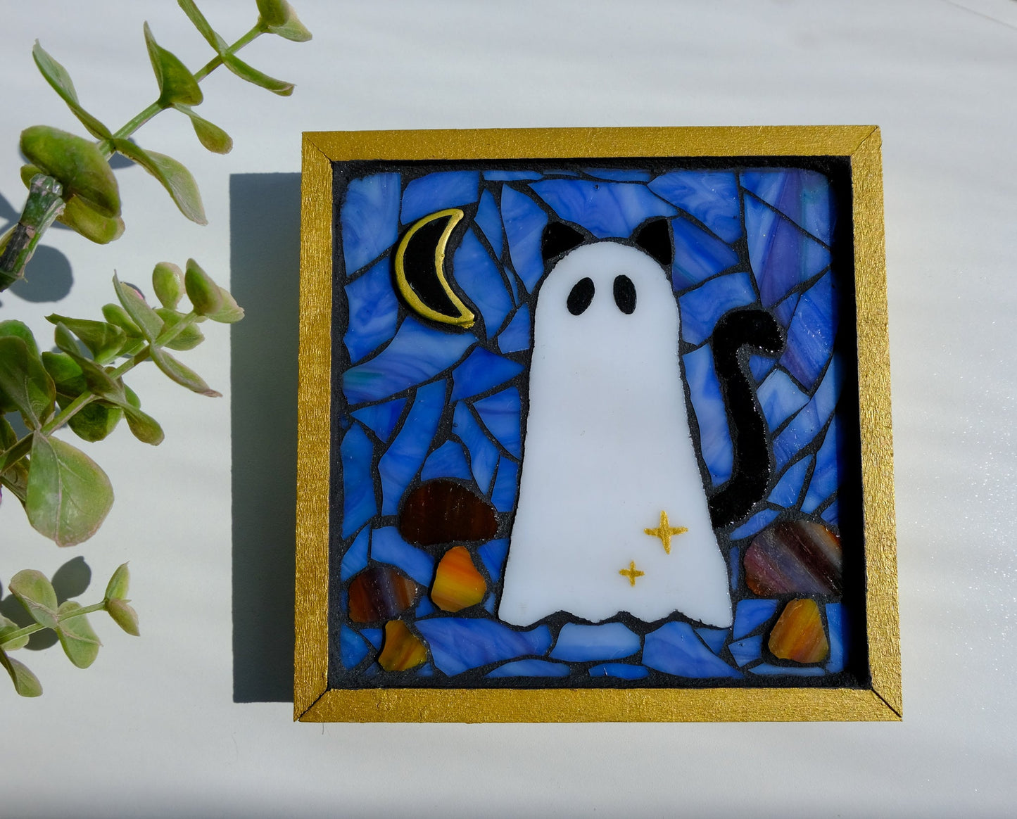 Ghost Cat Mushroom Moon Mosaic Wall Hanging Art | Night Sky Background Ceramic Framed Home Decor