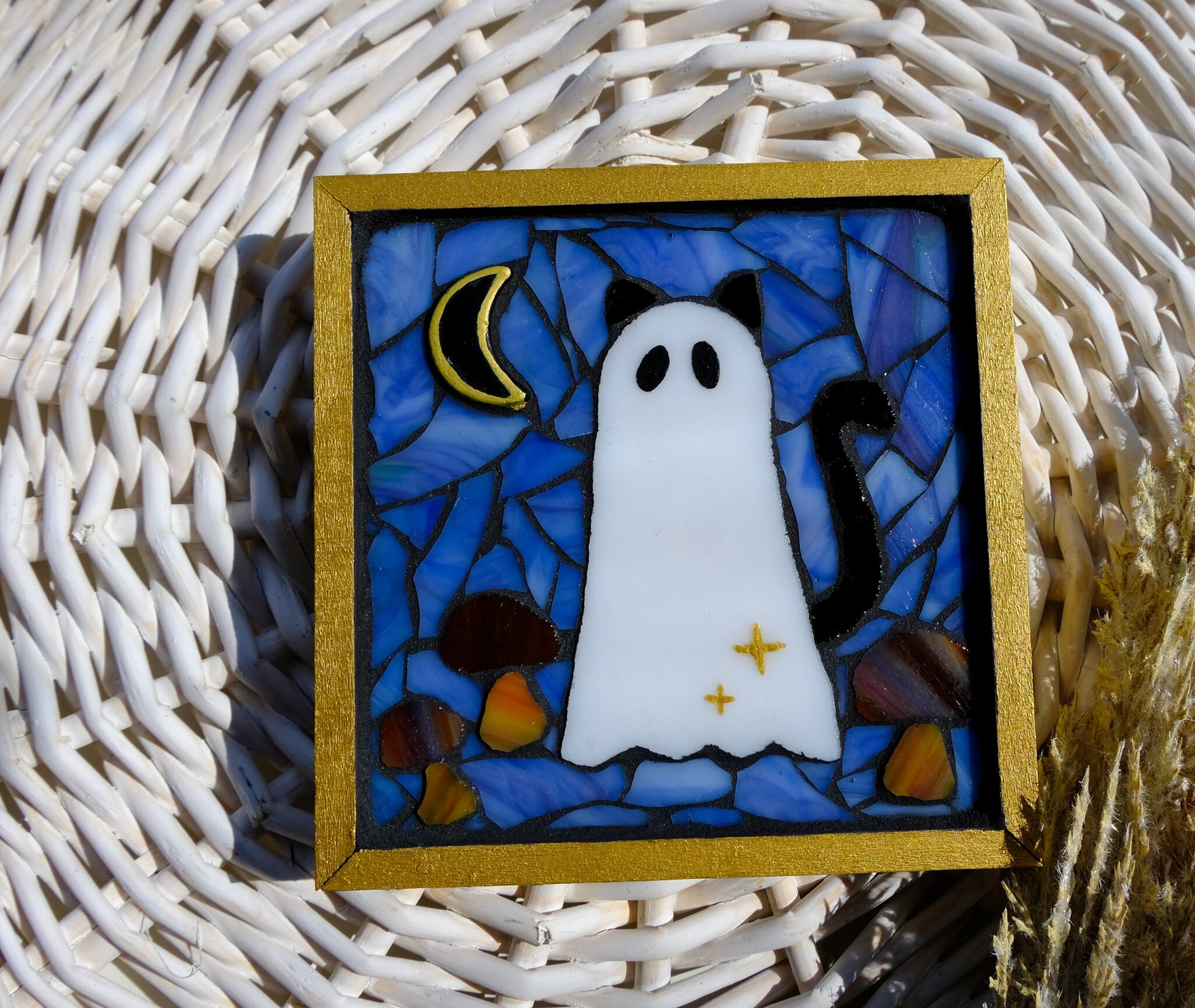 Ghost Cat Mushroom Moon Mosaic Wall Hanging Art | Night Sky Background Ceramic Framed Home Decor