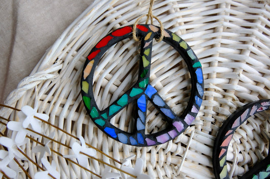 Rainbow Peace Sign Ornament Pride Month Mosaic Art | Stained Glass Wall Hanging