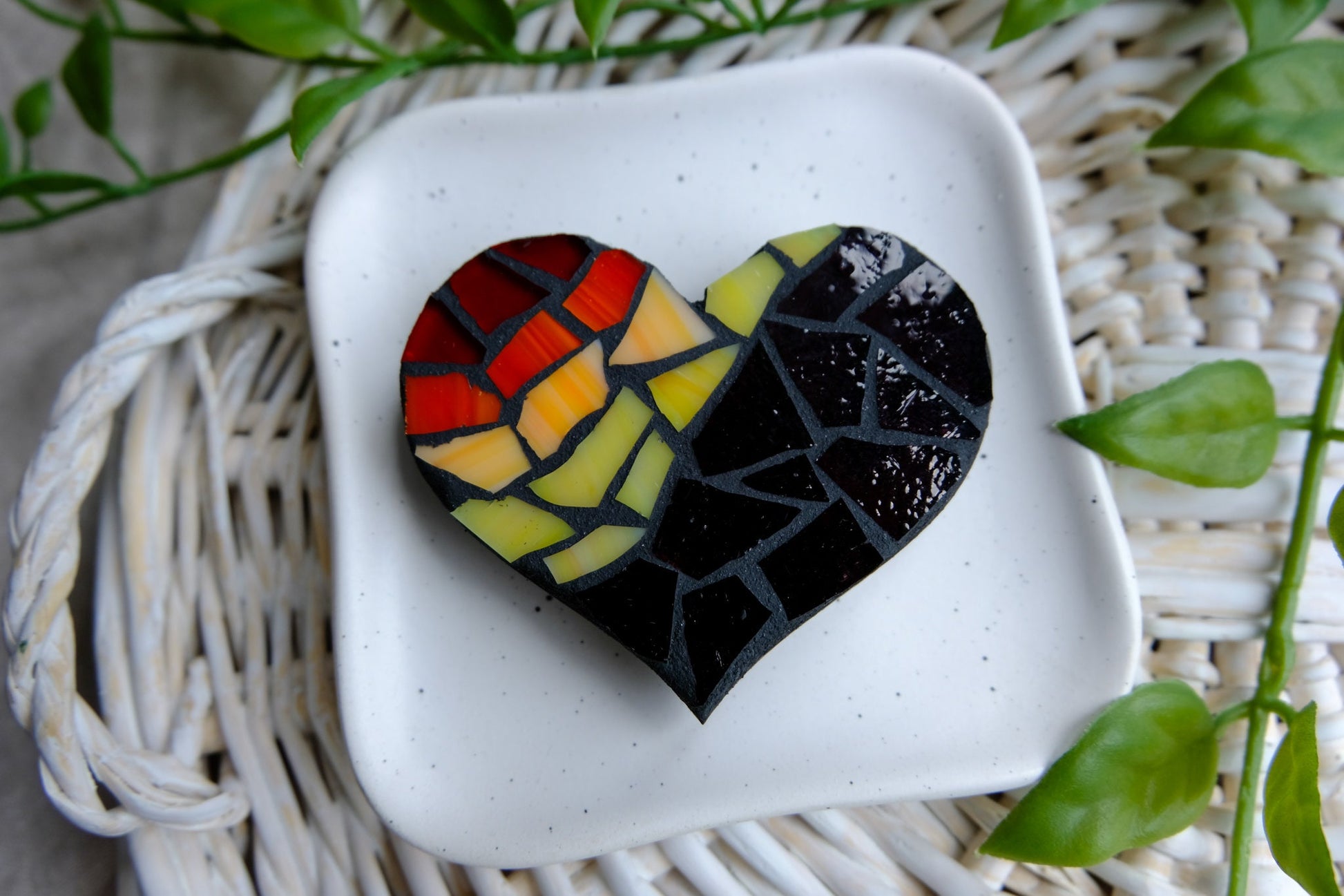 Retro colored striped heart stained glass mosaic magnet with black grout