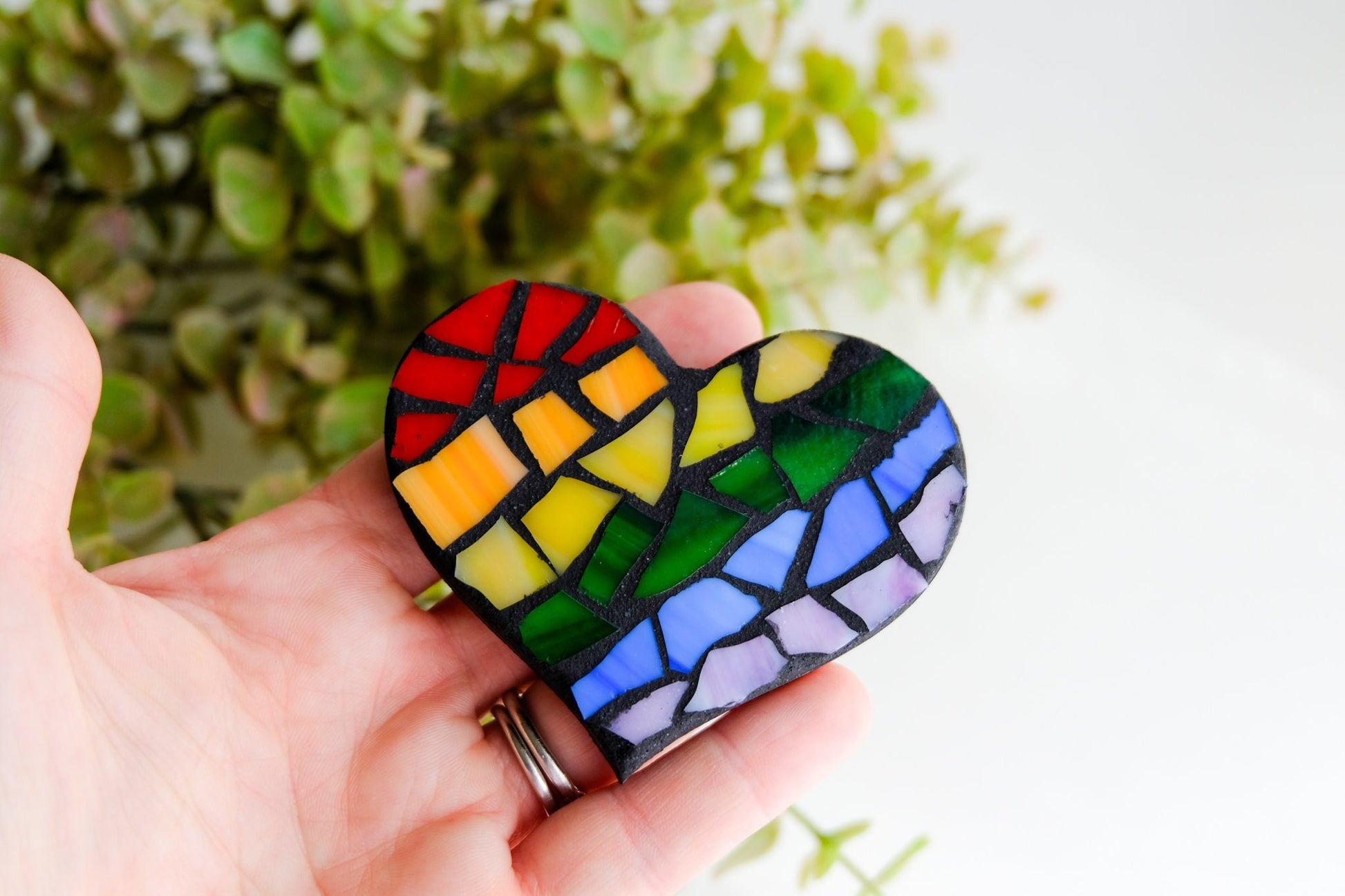 Rainbow stained glass mosaic heart magnet with black grout