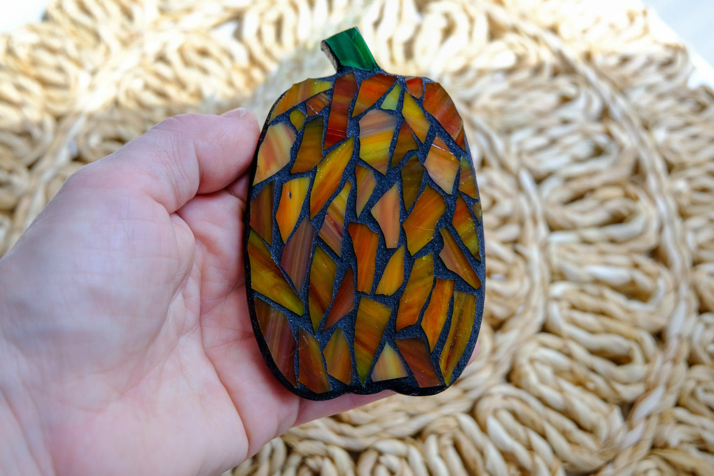 Stained glass mosaic pumpkin magnet with black grout