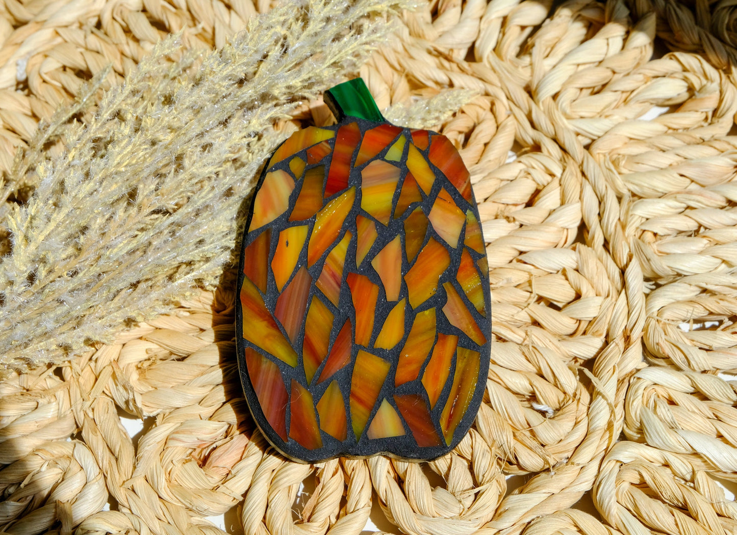 Stained glass mosaic pumpkin magnet with black grout