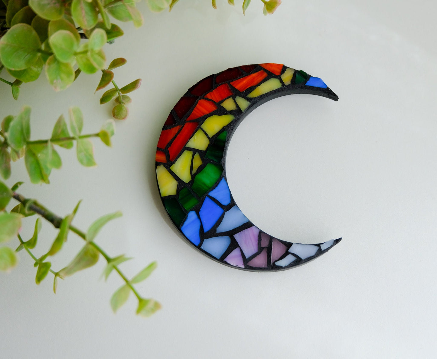 Rainbow stained mosaic glass moon magnet with black grout