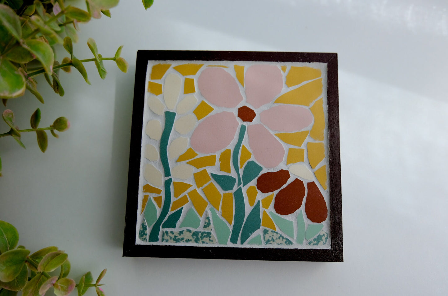 Floral Mosaic Wall Hanging Art | White Pink Red Daisies Mustard Background Ceramic Framed Home Decor