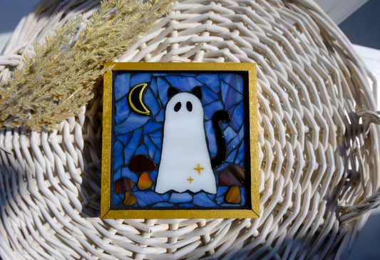 Ghost Cat Mushroom Moon Mosaic Wall Hanging Art | Night Sky Background Ceramic Framed Home Decor