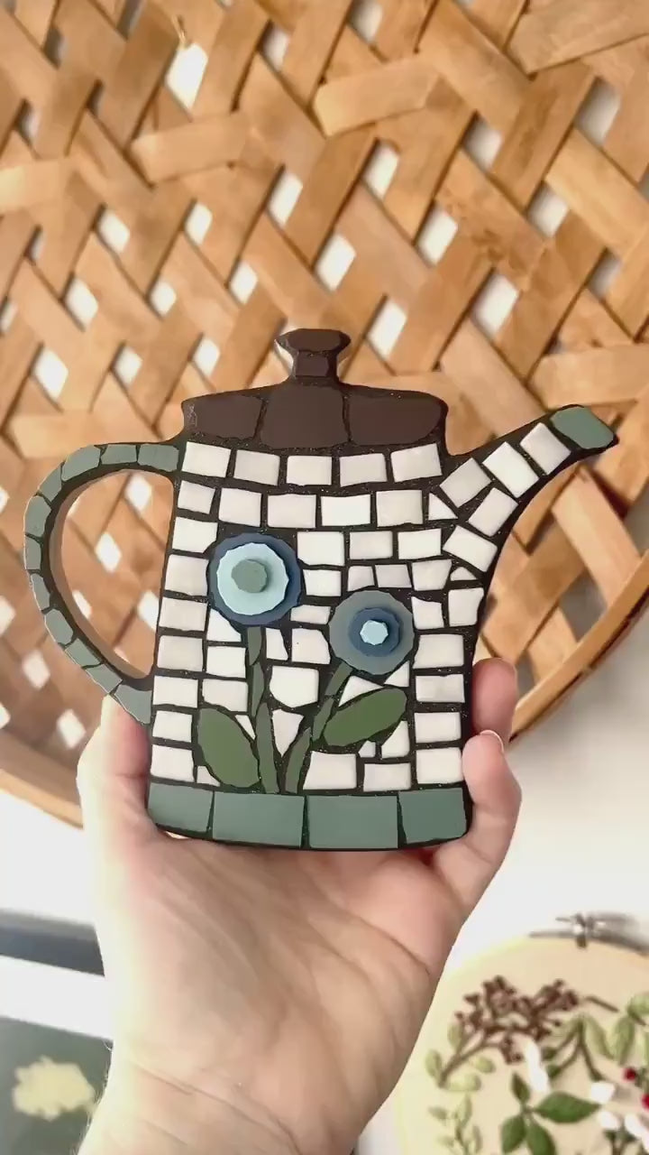 Coffee Pot Mosaic Wall Hanging Retro Vintage Style 70's Home Decor Folk Art Flowers Boho