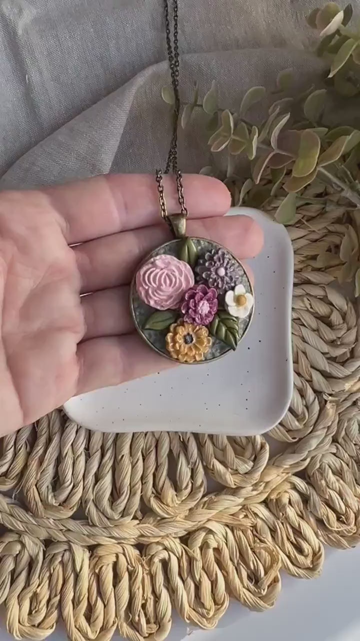 Floral Pendant Necklace Bronze Round Cottage Style Polymer Clay Botanical Jewelry Statement Piece Spring Attire