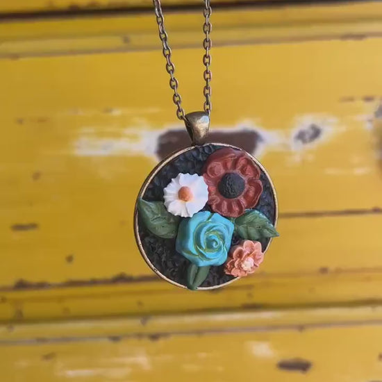 Clay Floral Necklace Bronze Round Cottage Style Statement Jewelry Vintage Accessories Flower Pendant