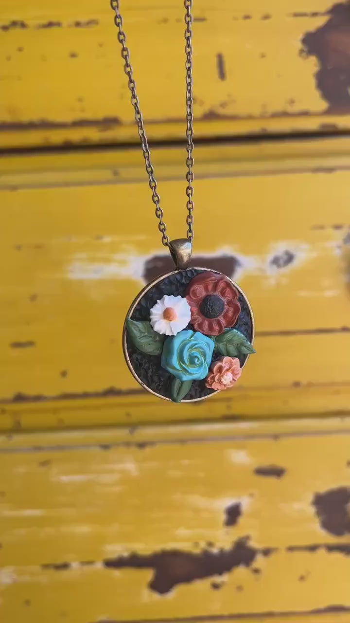 Clay Floral Necklace Bronze Round Cottage Style Statement Jewelry Vintage Accessories Flower Pendant