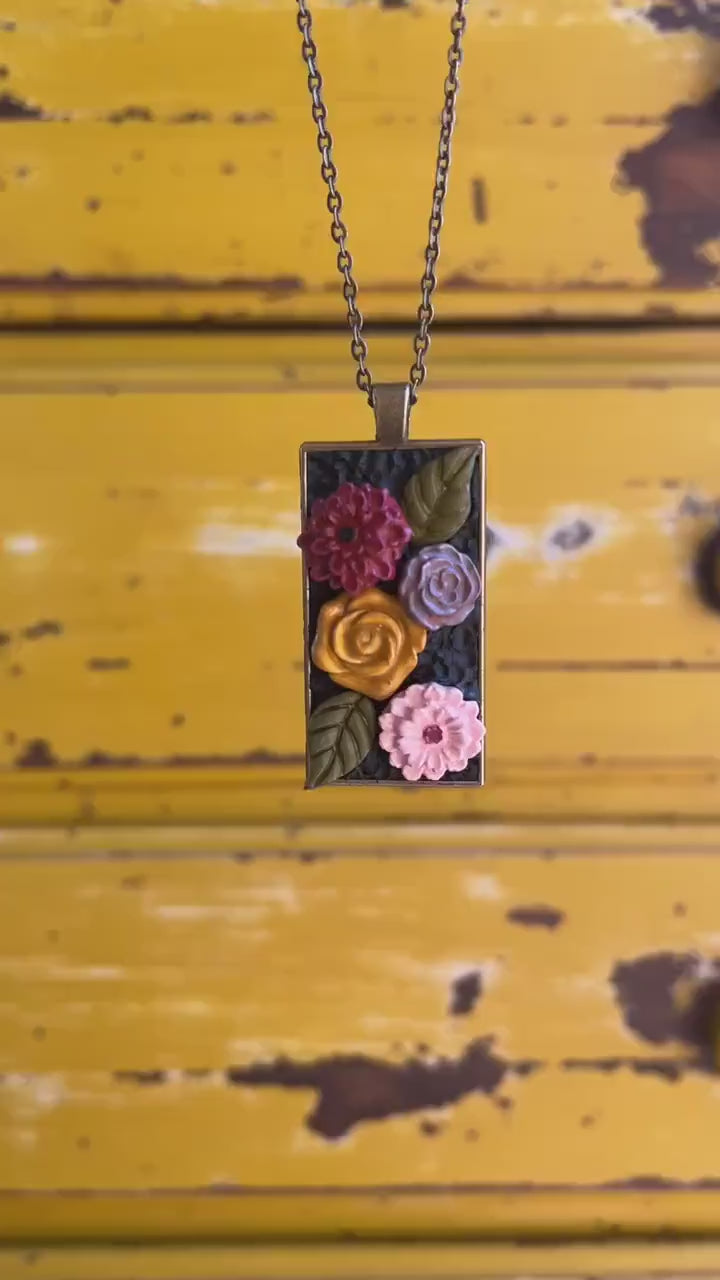 Fairycore Floral Pendant Necklace Bronze Cottagecore Style Handmade Clay