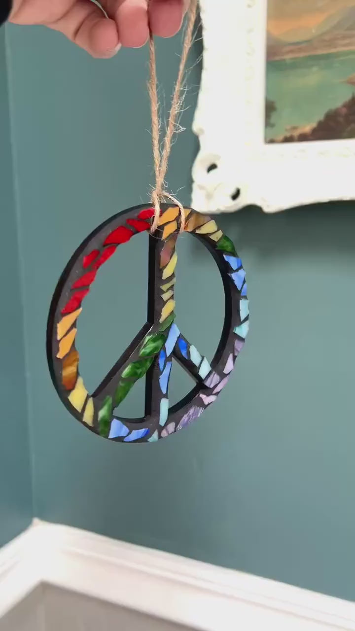 Rainbow Peace Sign Ornament Pride Month Mosaic Art | Stained Glass Wall Hanging