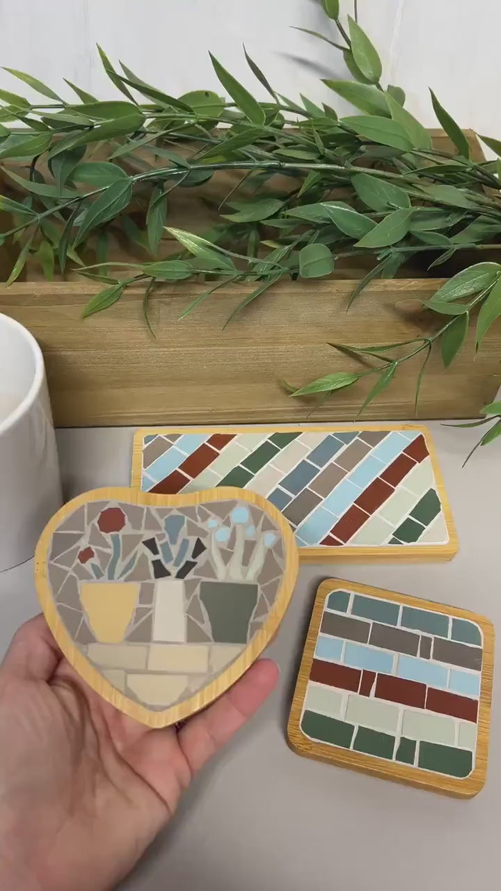 Floral Mosaic Tile and Wood Coaster Unique Home Accents Handmade Mosaic Art